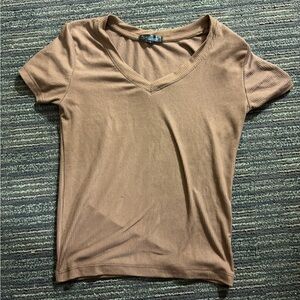 Brown V-Neck Ribbed Women's Top